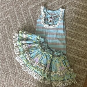 Mustard Pie Skirt & Top Set Striped Ruffle Dress with Floral Skirt